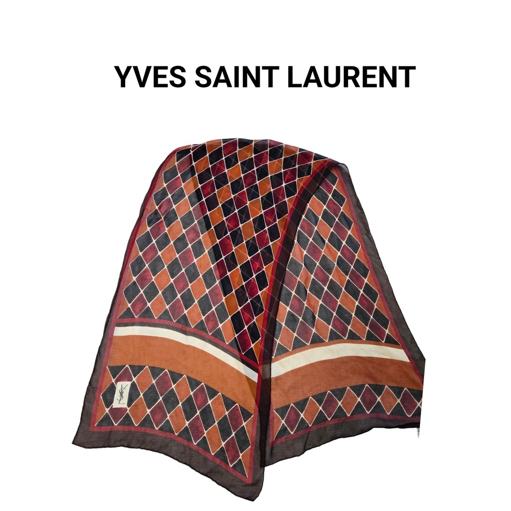 Yves Saint Laurent Vintage Silk Scarf Harlequin Diamond Brown Orange Italy 60x16
